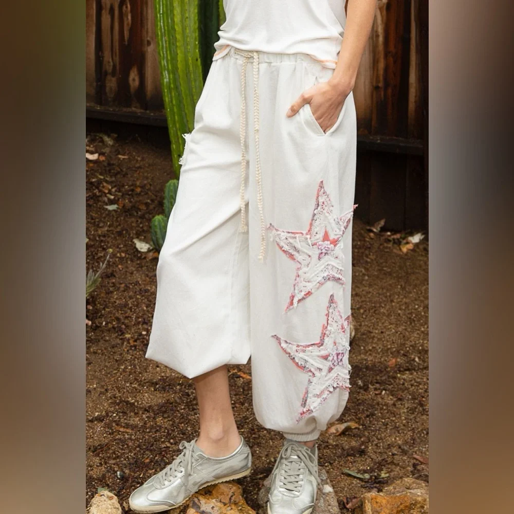Elastic Waist Star Patch Jogger Pant in Off White Pre loved